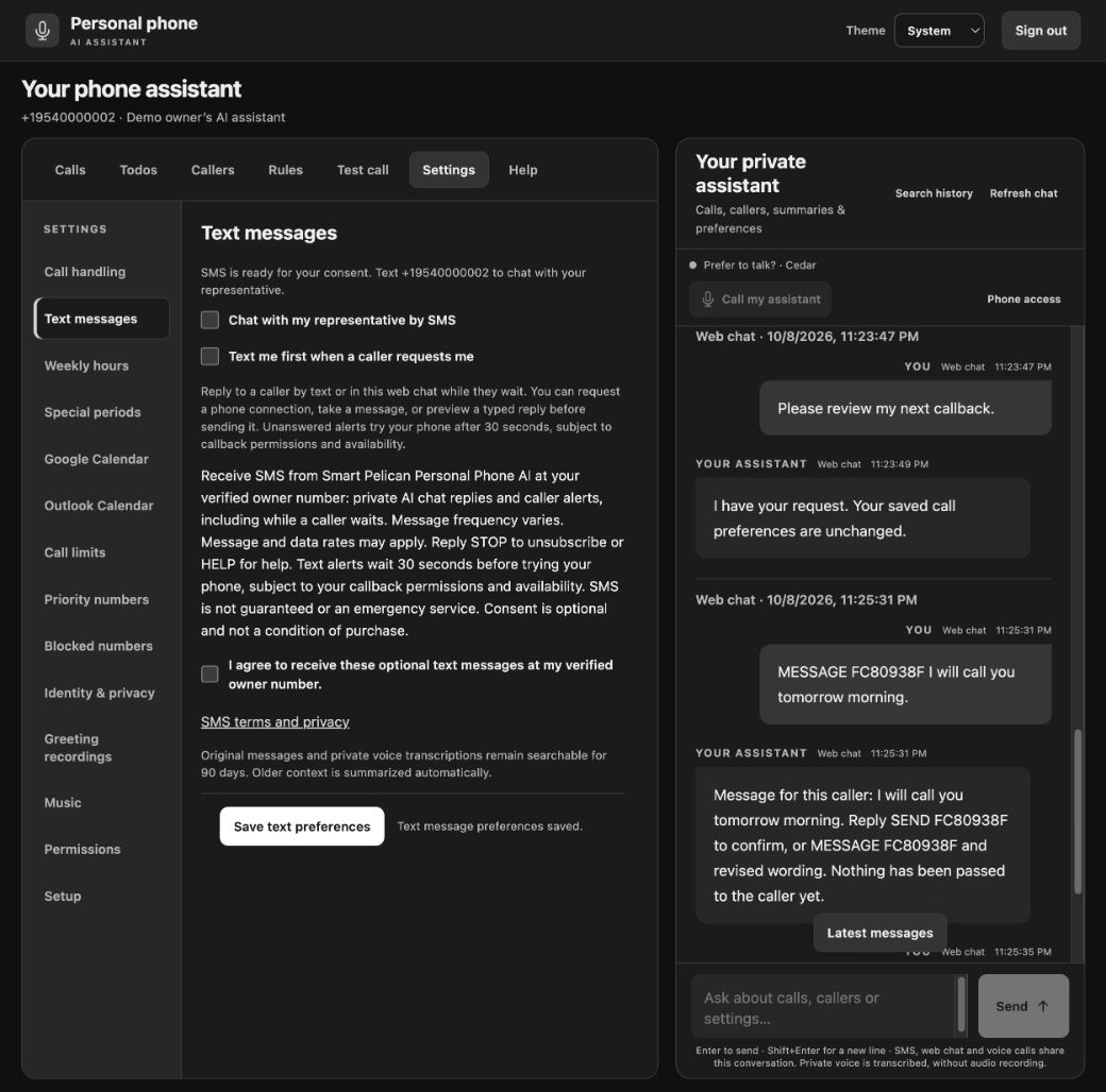 Demo portal Text messages settings showing optional SMS chat, caller alerts, disclosure, and an unchecked consent checkbox